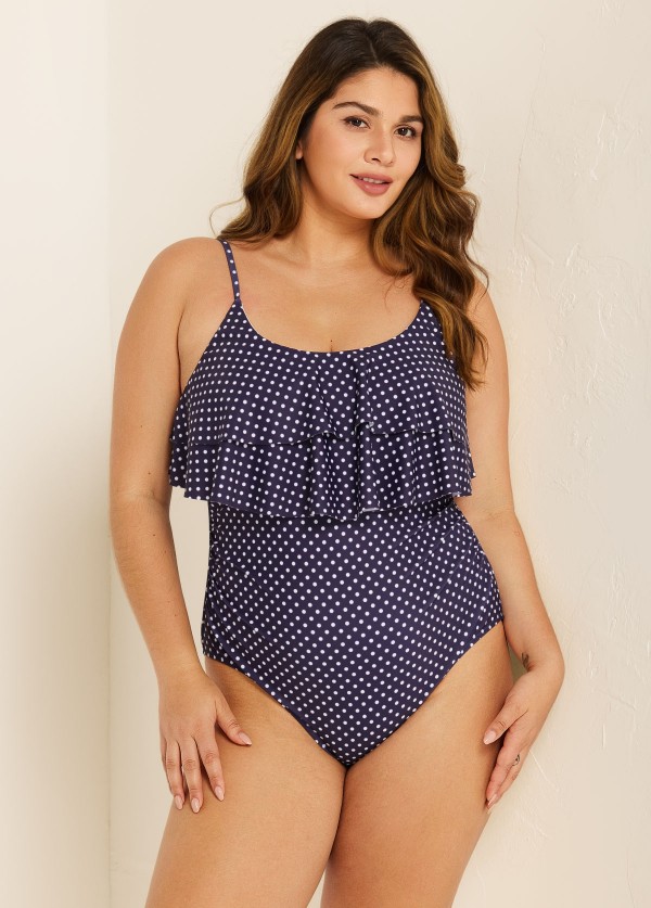 Navy Scoopneck Dot Layered One Piece Swimsuit