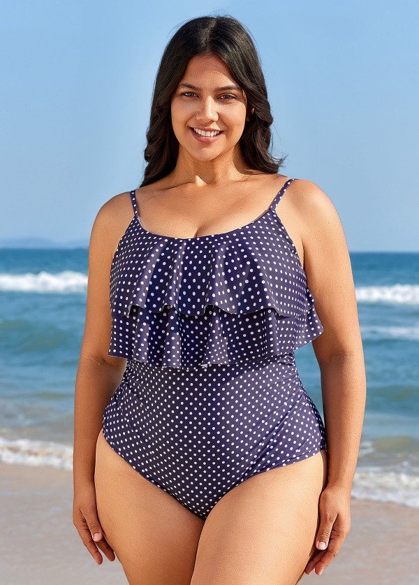Navy Scoopneck Dot Layered One Piece Swimsuit