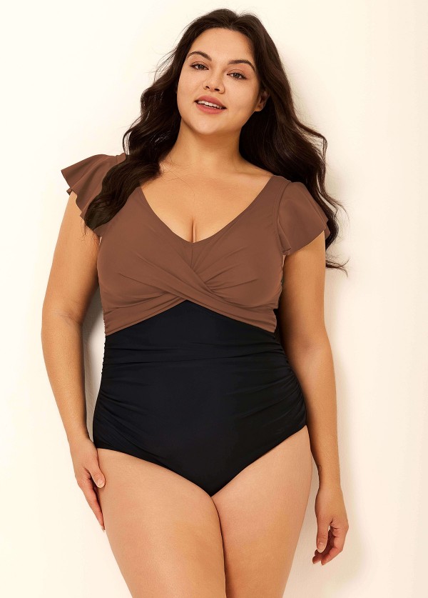 Brown Tummy Control V Neck Ruched Modest Plus Size One Piece Swimsuit