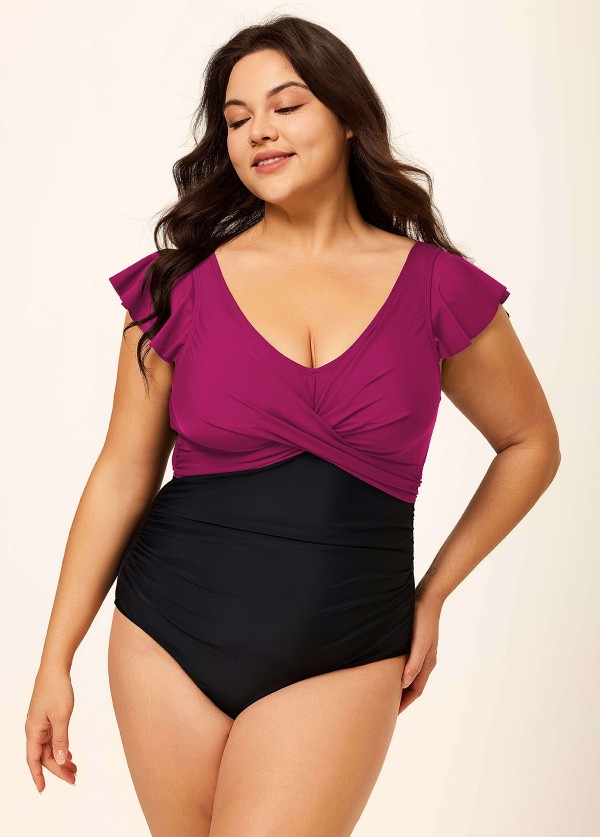 Purple Tummy Control V Neck Ruched Modest Plus Size One Piece Swimsuit