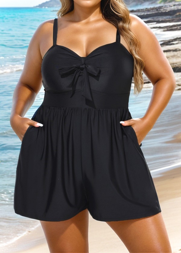 Plain Black Bowknot Pocket Gathered  Romper One Piece Swimsuit