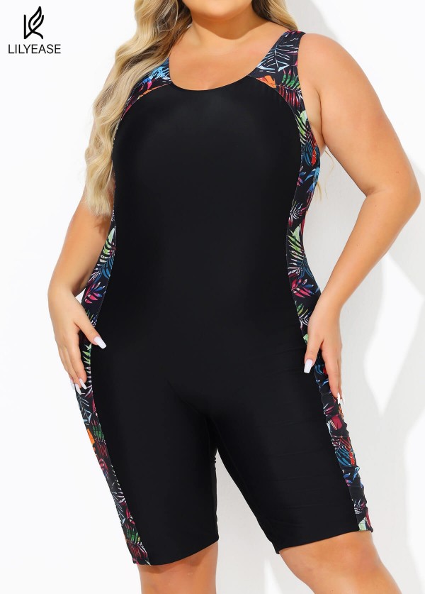 Plants Print Scoop Neck Athletic Boyleg Tummy Rash Guard Control One Piece Swimsuit