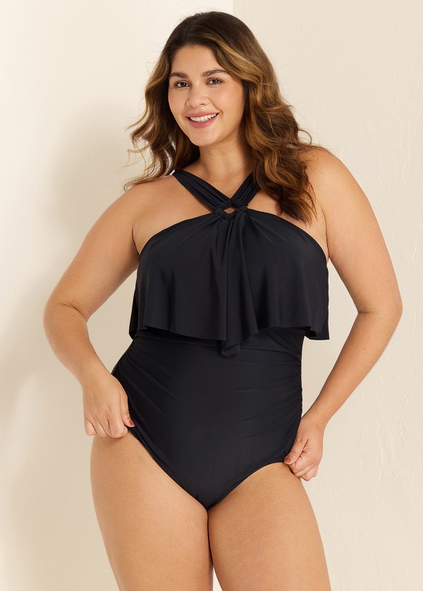 Black Square Cut Hardware One Piece Swimsuit