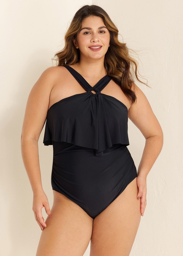 Black Square Cut Hardware One Piece Swimsuit