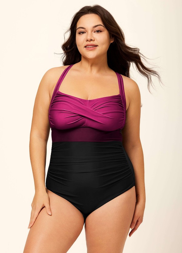 Red Panelled Twist Front Modest Plus Size One Piece Swimsuit