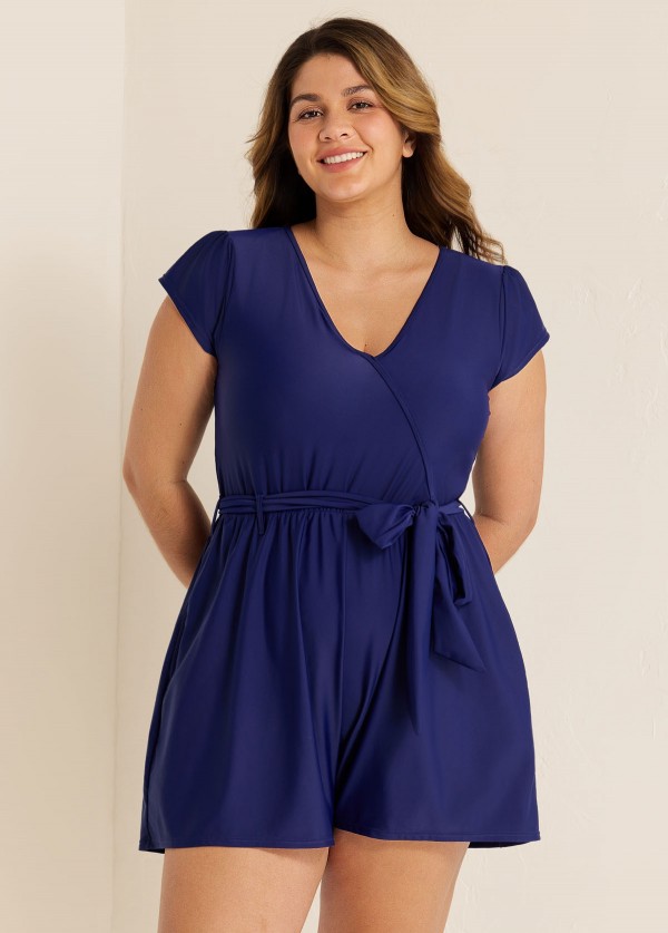 Blue Wrap Pocket Curvy 1 Piece Bathing Suits Romper One Piece Swimsuit