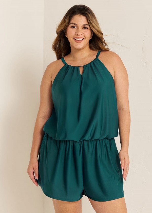 Curvy Green High Neck Hollow With Pocket 1 Piece Bathing Suits Romper One Piece Swimsuit