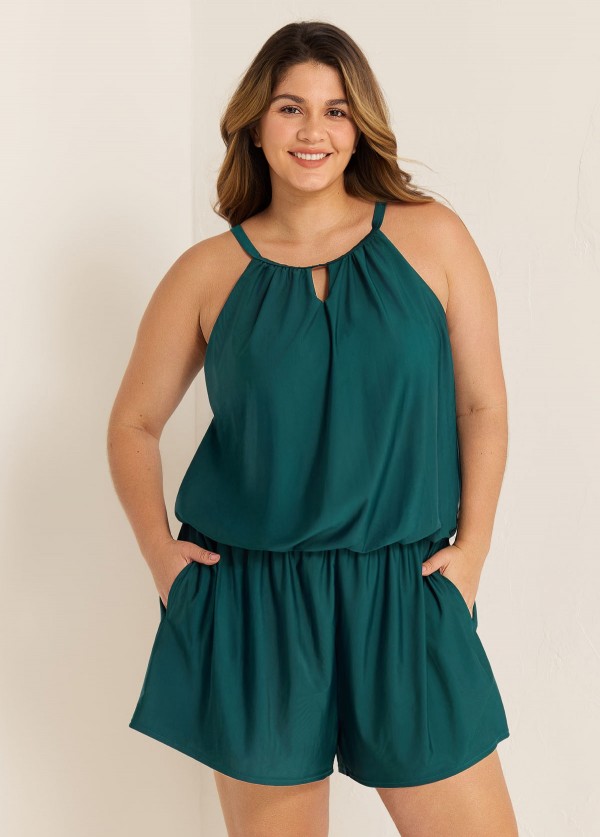 Curvy Green High Neck Hollow With Pocket 1 Piece Bathing Suits Romper One Piece Swimsuit