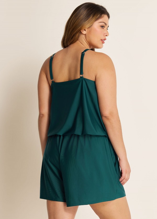 Curvy Green High Neck Hollow With Pocket 1 Piece Bathing Suits Romper One Piece Swimsuit
