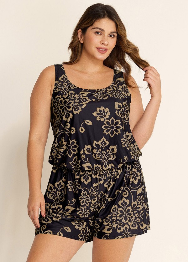 Black Print Wide Strap Pocket Plus Size One Piece Swimsuit Swim Romper