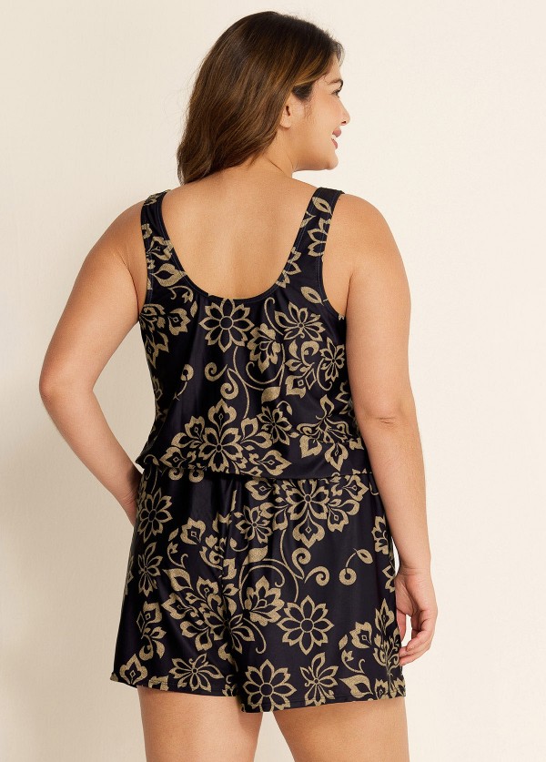 Black Print Wide Strap Pocket Plus Size One Piece Swimsuit Swim Romper