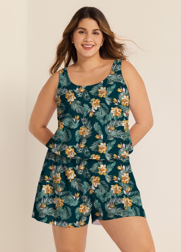 Green Swimming Costume Tropical Floral Scoop Neck Wide Strap Pocket Plus Size Swim Romper