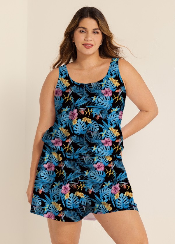 Blue One Piece Swim Romper Floral Scoop Neck Wide Strap Pocket Swimwear