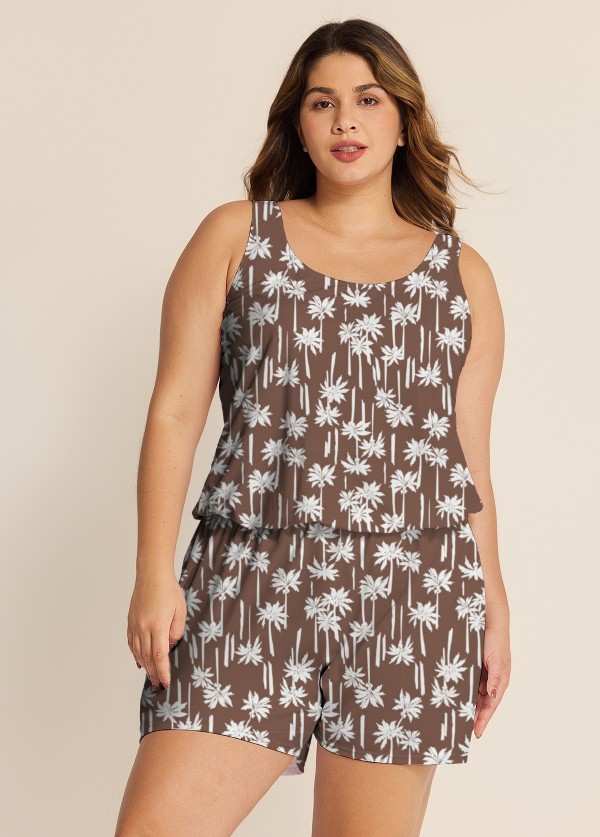 Brown Coconut Tree Print Swimwear Scoop Neck Wide Straps and Pocket One Piece Swim Romper