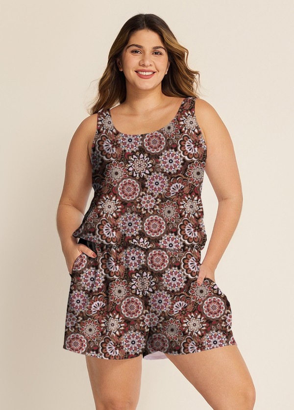 Plus Size Brown Ethnic Print Flattering Wide Straps Pocket Swimsuit One Piece Swim Romper