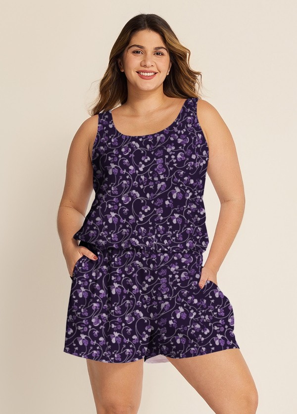 Purple Floral Modest Wide Straps Pocket Plus Size Women's Swimsuit One Piece Swim Romper