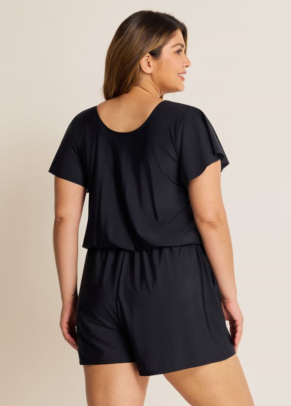 Black Short Sleeves Pocket Curvy 1 Piece Bathing Suits Romper One Piece Swimsuit