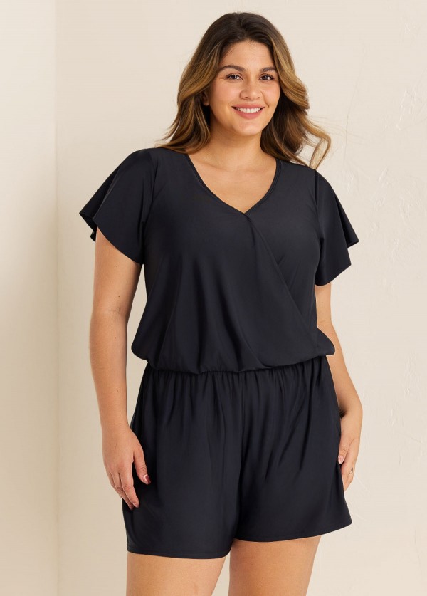Black Short Sleeves Pocket Curvy 1 Piece Bathing Suits Romper One Piece Swimsuit
