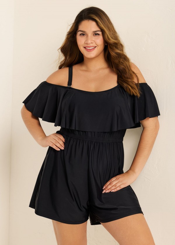 Plus Size Black Off The Shoulder Ruffles 1 Piece Bathing Suits Romper One Piece Swimsuit