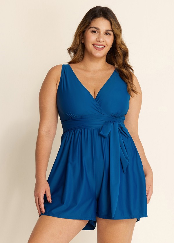 Blue Pocket Lace Up Plus Size 1 Piece Bathing Suits One Piece Swimsuit