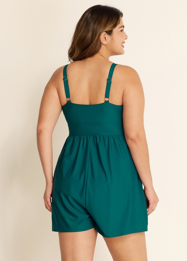 Green Pocket Lace Up Curvy 1 Piece Bathing Suits One Piece Swimwear