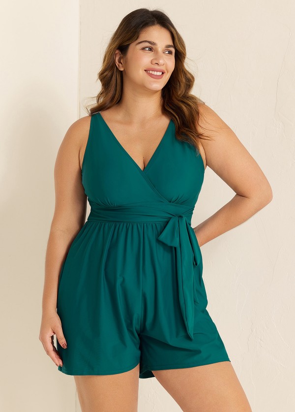 Green Pocket Lace Up Curvy 1 Piece Bathing Suits One Piece Swimwear