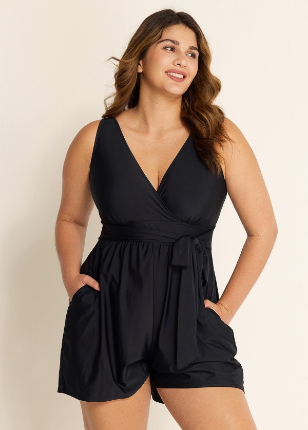 Plus Size Black Pocket Lace Up 1 Piece Bathing Suits One Piece Swimwear