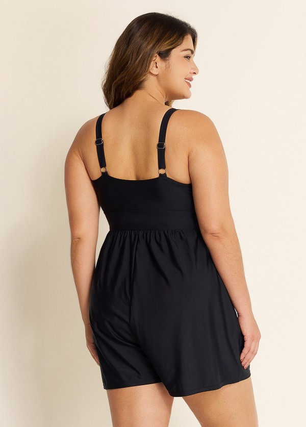 Plus Size Black Pocket Lace Up 1 Piece Bathing Suits One Piece Swimwear