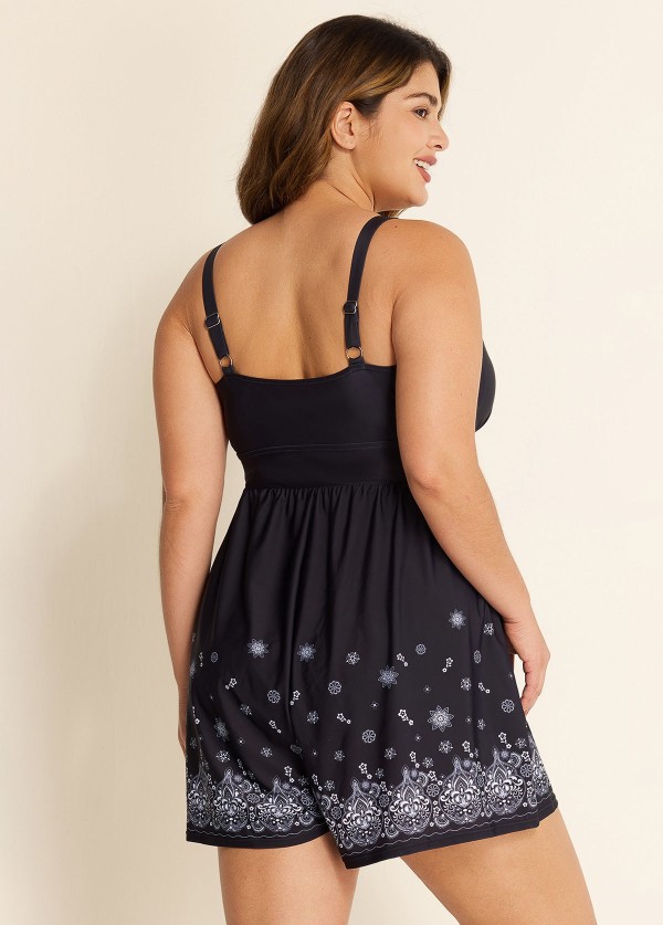 Plus Size Black Paisley Print Pocket Lace Up V Neck Wrap One Piece Swimsuit Swim Romper