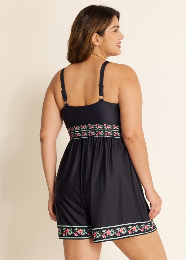 Black Floral Pocket Lace Up V Neck Wrap Curvy One Piece Swimsuit Swim Romper