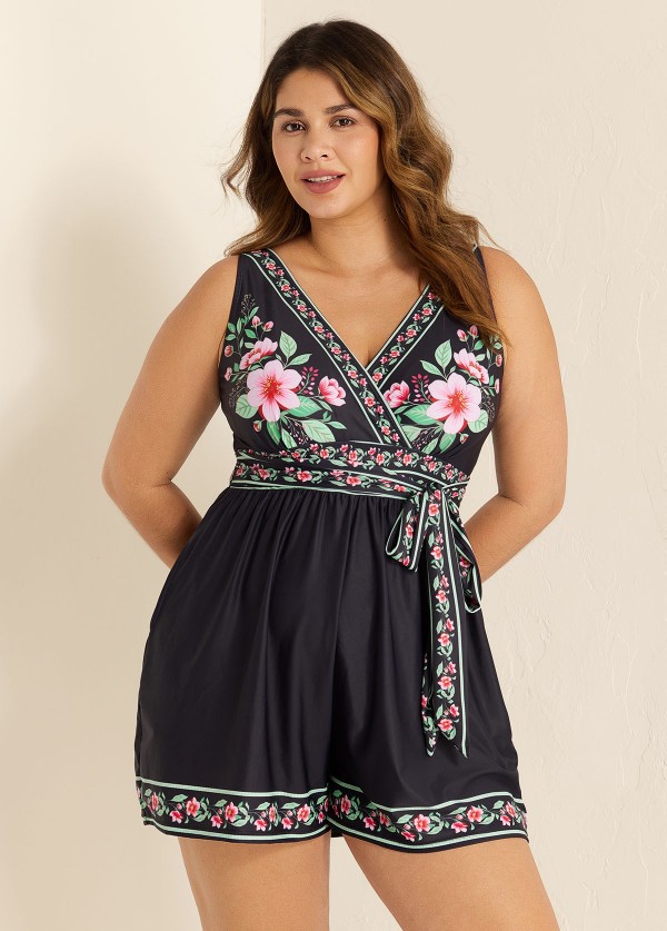 Black Floral Pocket Lace Up V Neck Wrap Curvy One Piece Swimsuit Swim Romper