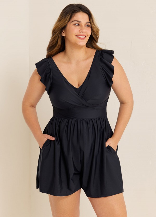 Plus Size Black Twisted Front Ruffled One Piece Swimsuit Swim Romper