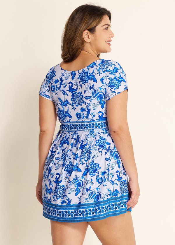 Blue White Floral Color Block Curvy Swimsuit Swimdress Top