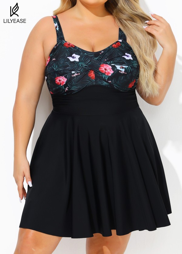 Elegant Floral Twisted Front Adjustable Lady Flowy One Piece Swimdress