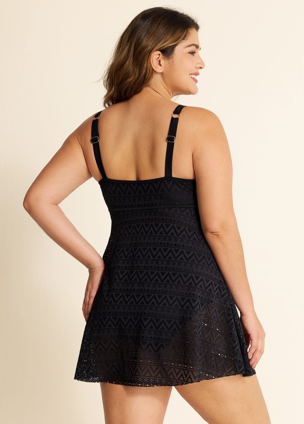 Black Scoopneck Crochet Tummy Control One Piece Swimdress