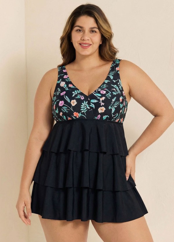 Plus Size Floral Print V Neck Layered Swimdress Top