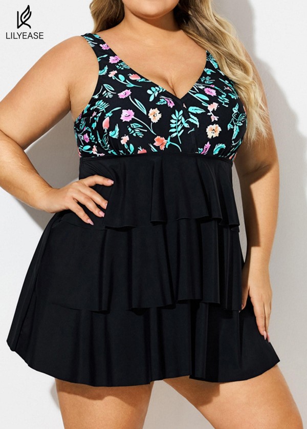 Plus Size Floral Print V Neck Layered Swimdress Top