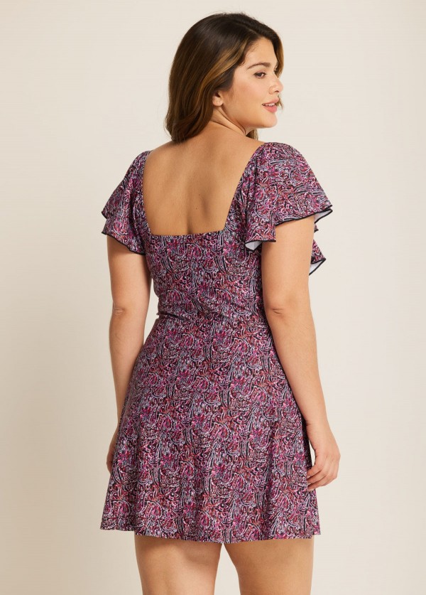 Plus Size Floral Print V-Neck Sleeves Swimdress Top