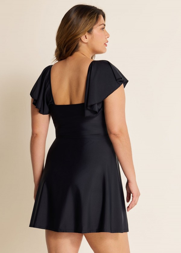Plus Size Black  V Neck Sleeves Swimdress Set