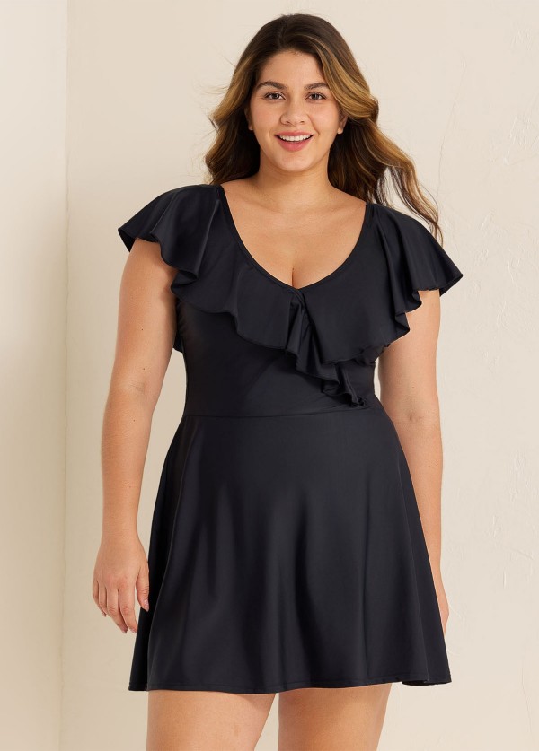 Plus Size Black  V Neck Sleeves Swimdress Set