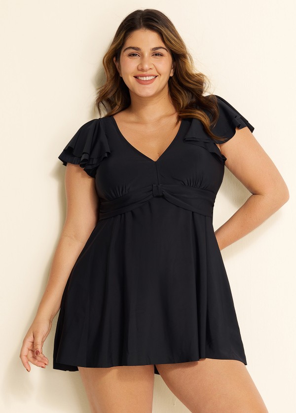 Stylish V Neck Ruffle Sleeves Swimdress Top