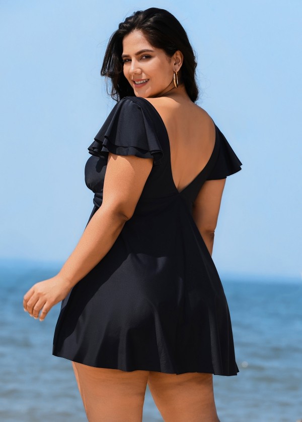 Stylish V Neck Ruffle Sleeves Swimdress Top