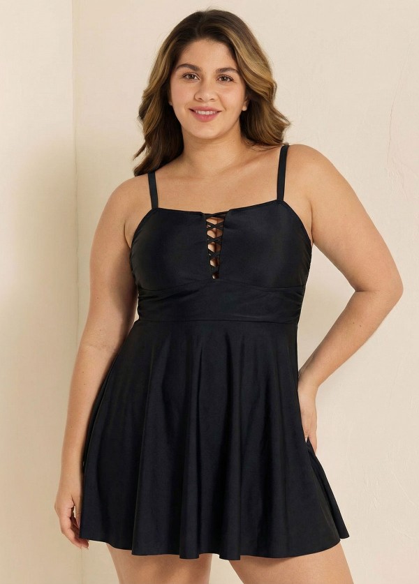 Black Crisscross Detailing Flowy Swimdress Top