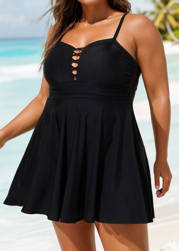 Black Crisscross Detailing Flowy Swimdress Top