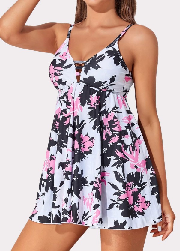 Pink and Black Floral Prints Front Cut-Out Swimdress Top