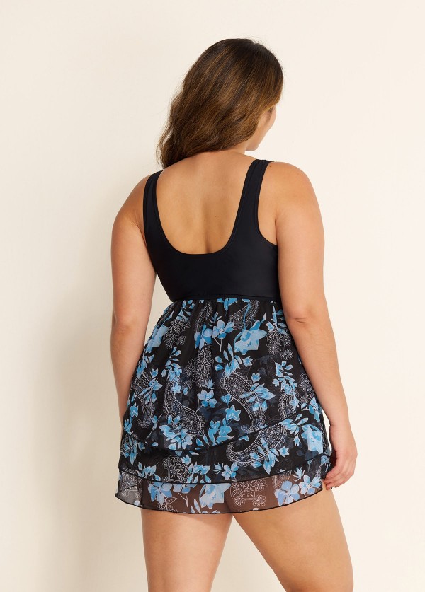 Vintage Blue Floral And Paisley Printed Swimdress Top