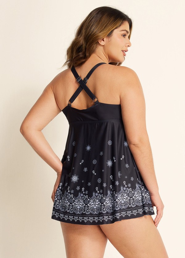 Black Paisley Print V Neck Wrap Plus Size Swimming Suits For Womens Swimdress Set
