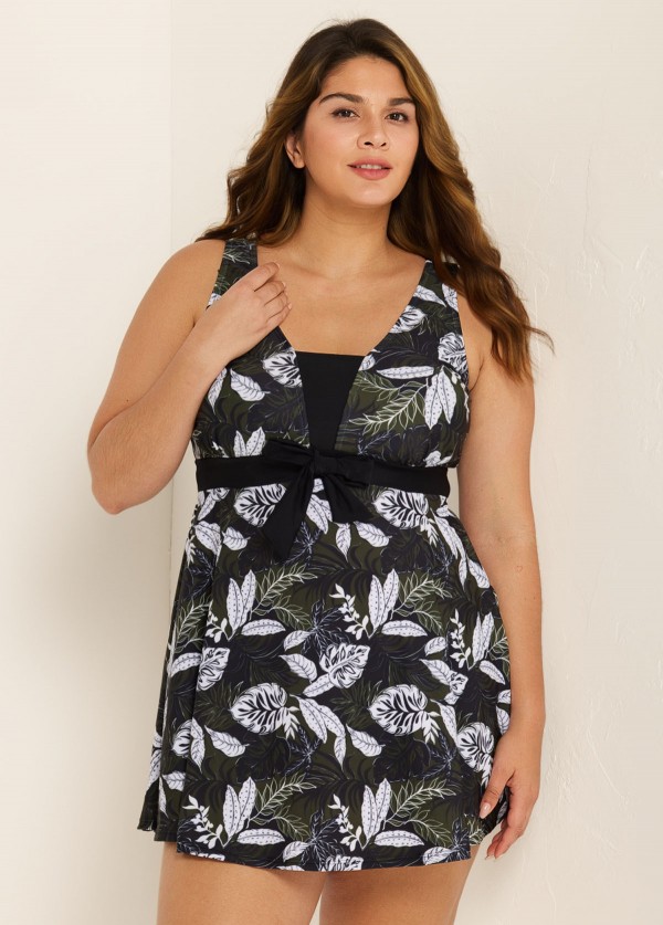 Plus Size Black Leaf Print Vintage Swimsuit With Shorts Swimdress Set