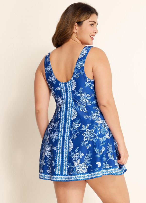 Plus Size Blue And White Floral Front Tie Scoop Neck Swimsuit Swimdress Set