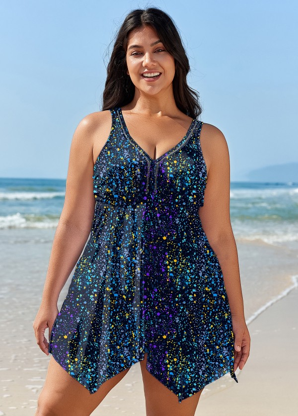 Navy Dot Print Cut Out Plus Size Swimsuit Swimwear Swimdress Set